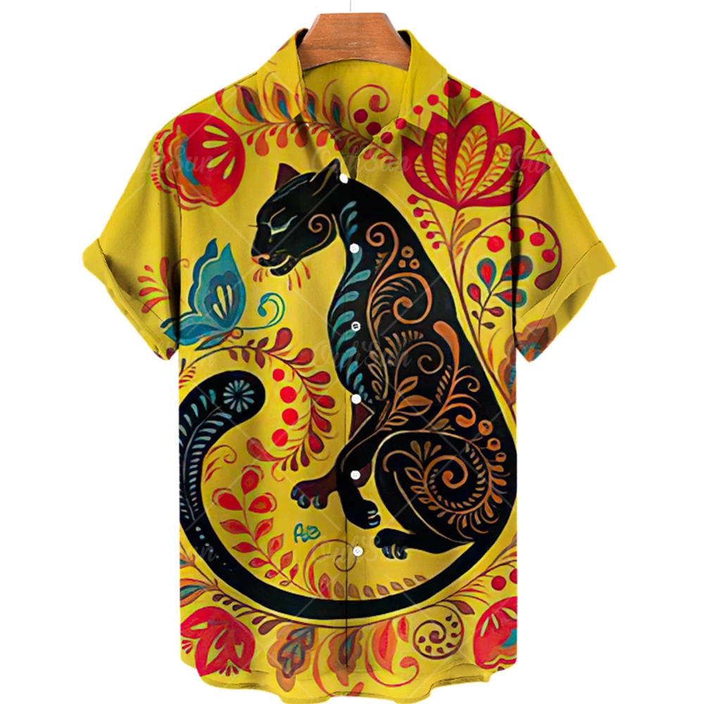 Hawaiian men's and women's short-sleeved T-shirt, animal print shirt, tiger pattern loose breathable top, 2023 new men's wear