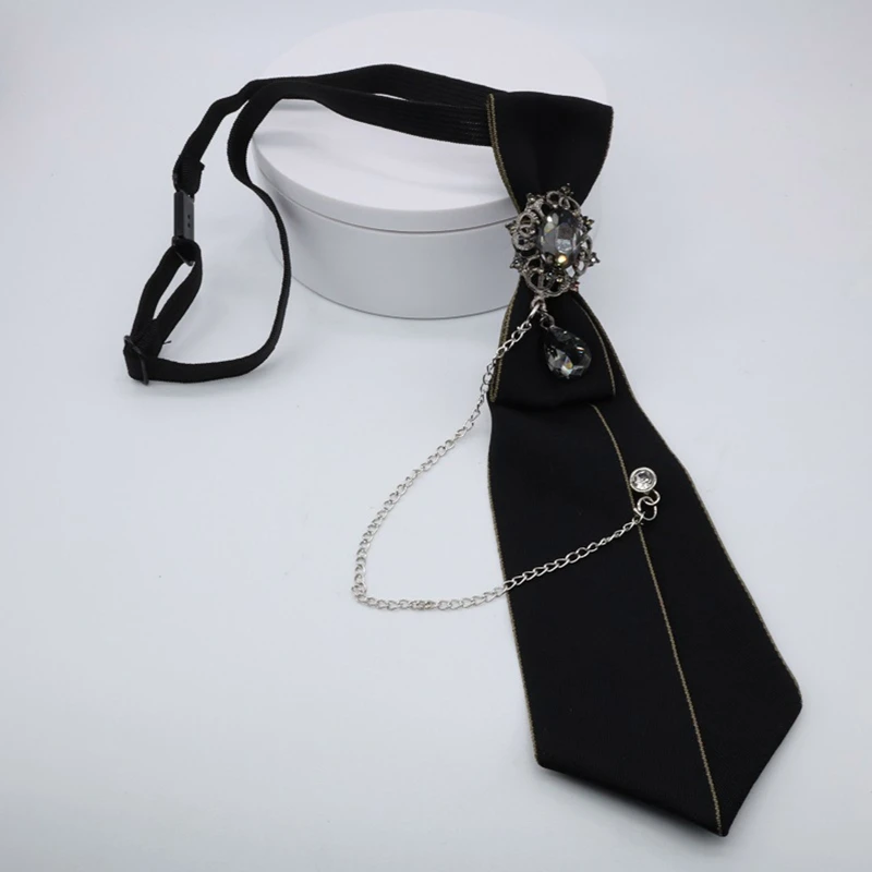 

Steampunk Black Necktie Gothic for rhinestone Metal Chain Crystal Pendant Jewelry Bowtie Evening Adjustable Pre-Tied Bow