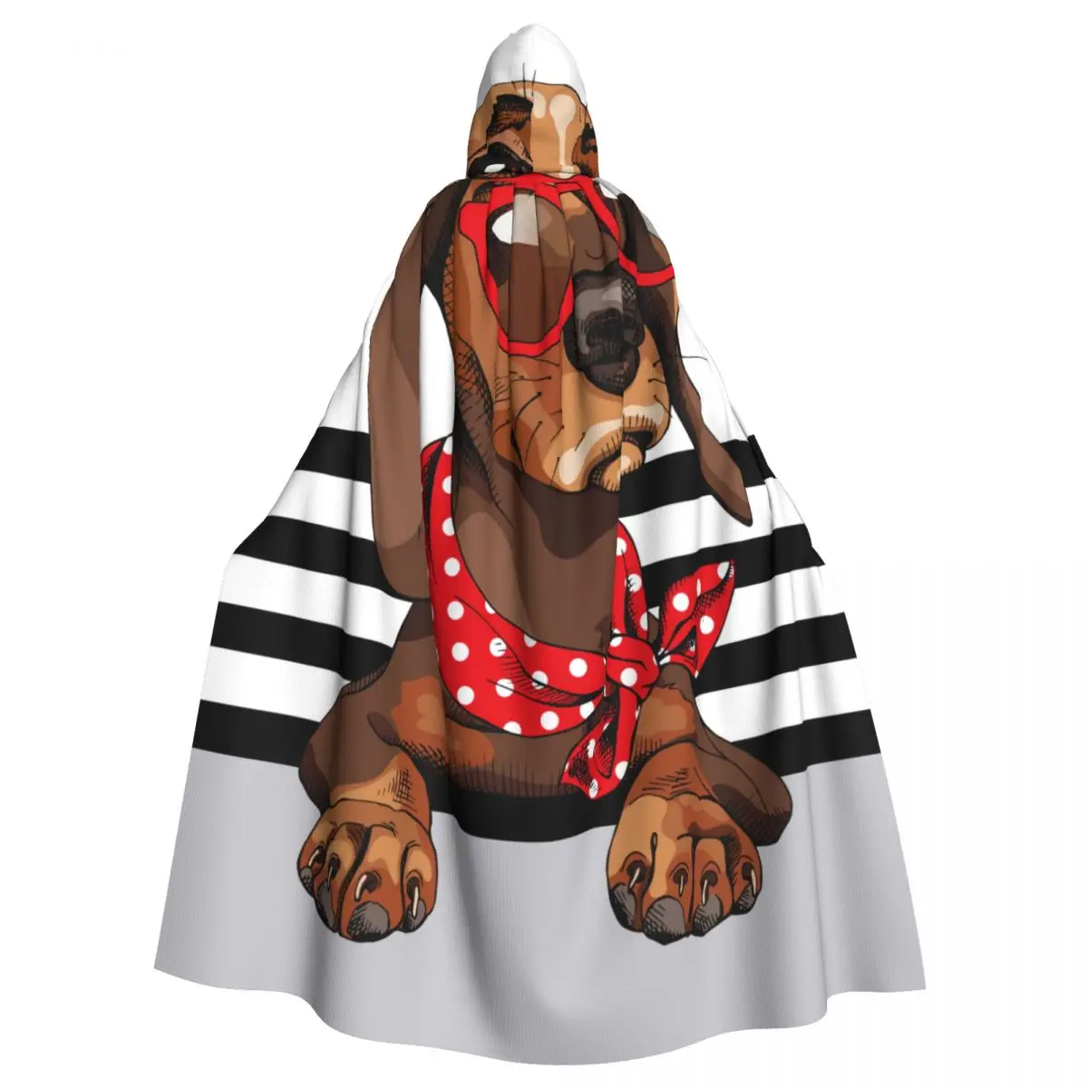 

Adult Cloak Cape Hooded Dachshund Dog With Polka Dots Neck Scarf Medieval Costume Witch Wicca Vampire Elf Purim Carnival Party
