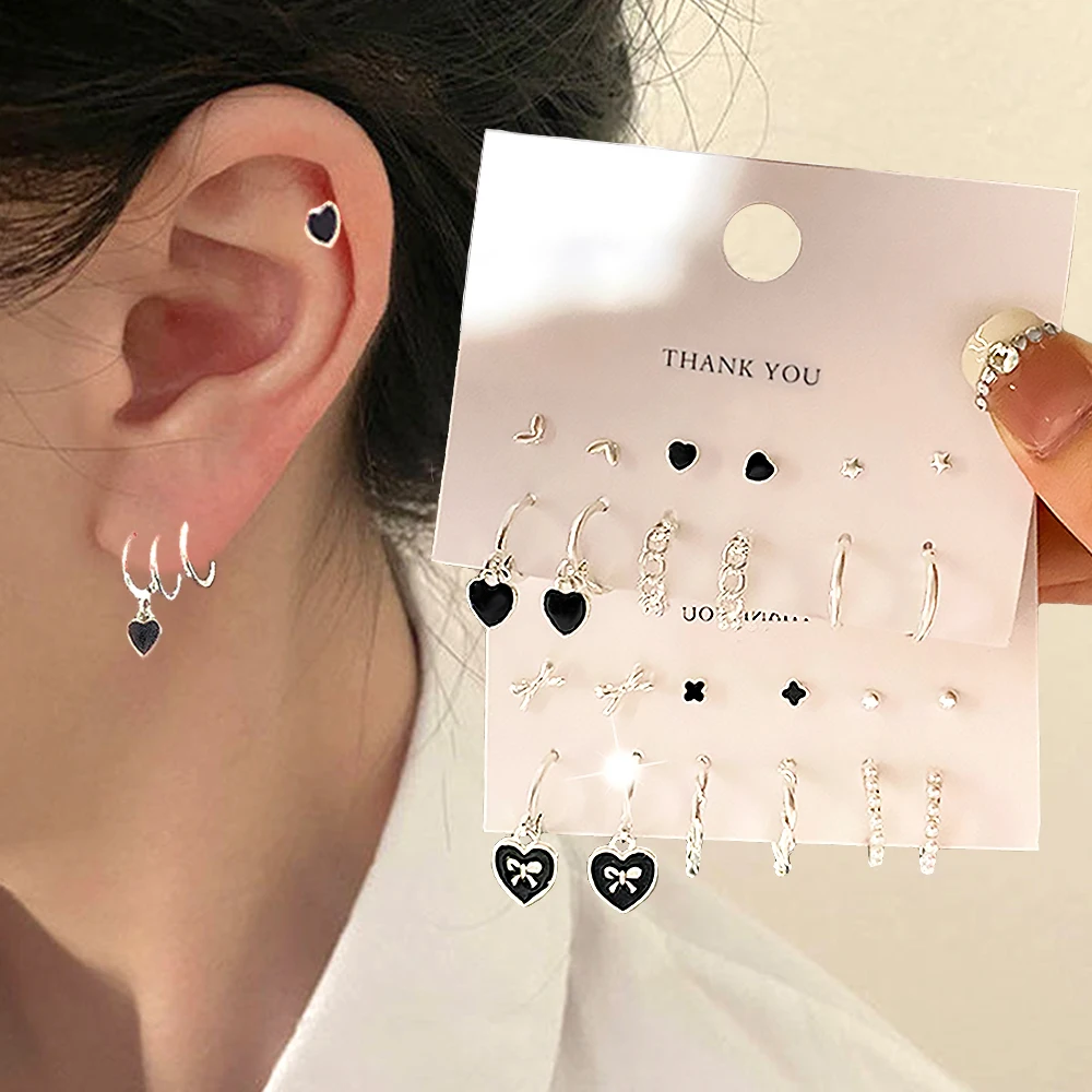 FNIO Fashion Woman Girl Silver Color Earrings Small Star Love Metal Hoop Earrings 2023 Jewelry