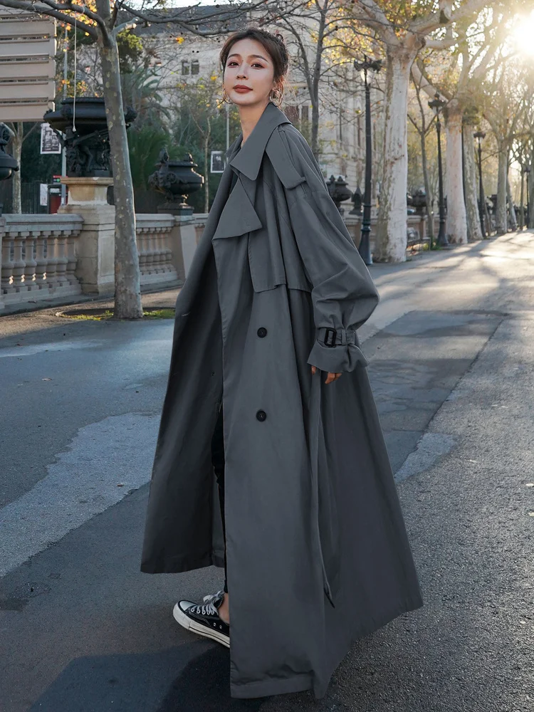 

Korean Style Loose Oversized X-Long Women's Trench Coat Double-Breasted Belted Lady Cloak Windbreaker Spring Fall Outerwear Grey