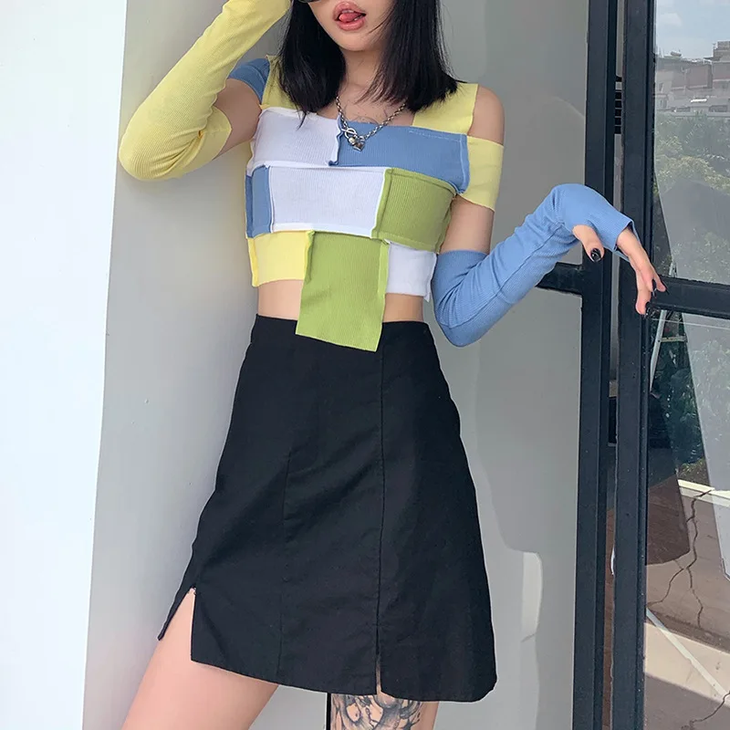 

Summer Casual Square Collar Off Shoulder Patchwork Slim Crop Top Women's Clothes Fashion Sexy Knitted High Street Tee Shirt 2021
