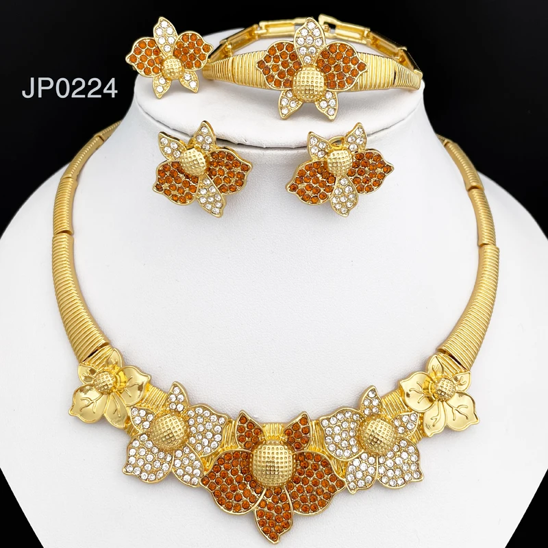 Роскошные золотые ювелирные изделия из Дубая, женское ожерелье, серьги, браслет, кольцо с оправой Стразы