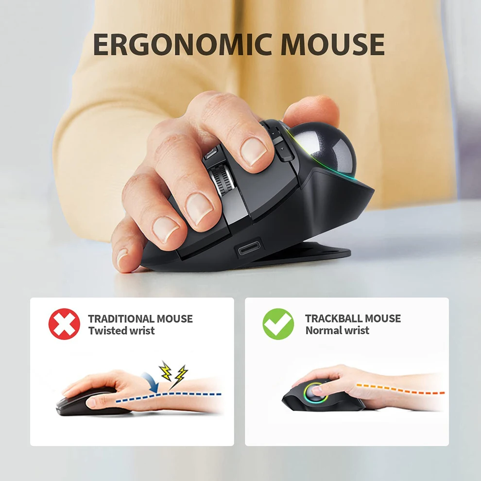 Jelly Comb RGB Wireless Trackball Mouse Bluetooth +2.4G Rechargeable Gaming Ergonomic Mice Thumb Control |