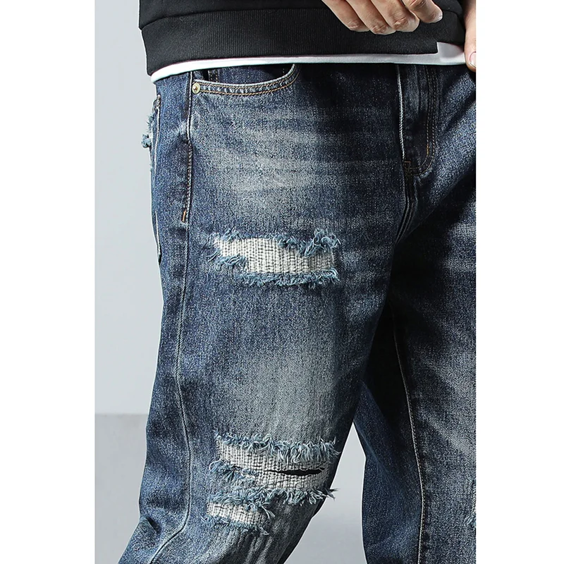 Men Clothing New Pattern Hole Patch Jeans Loose Recreational Straight Cylinder Blue Temperament Wide Leg Trousers Autumn Female