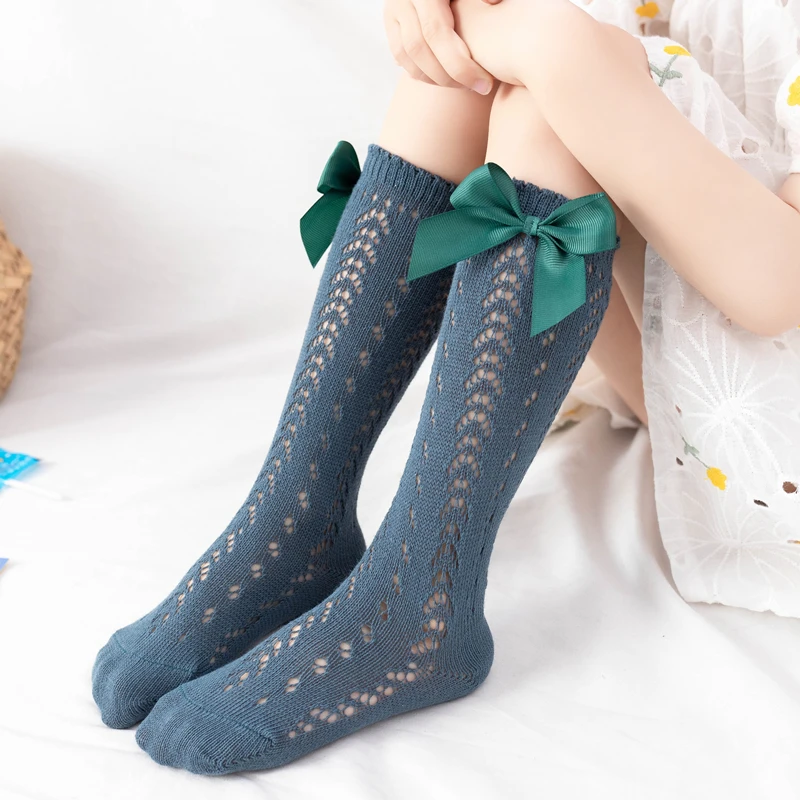 Летние детские носки для девочек 1-9 лет, длинные носки с бантом для малышей, детские гольфы до колен, мягкие хлопковые дышащие сетчатые носки, испанские детские носки