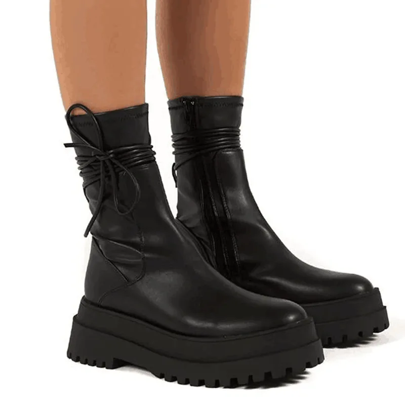 

New Black Ankle Boots Women Lace Up Zipper Platform Shoes Winter Biker for Short Leather Ladies Botas Mujer