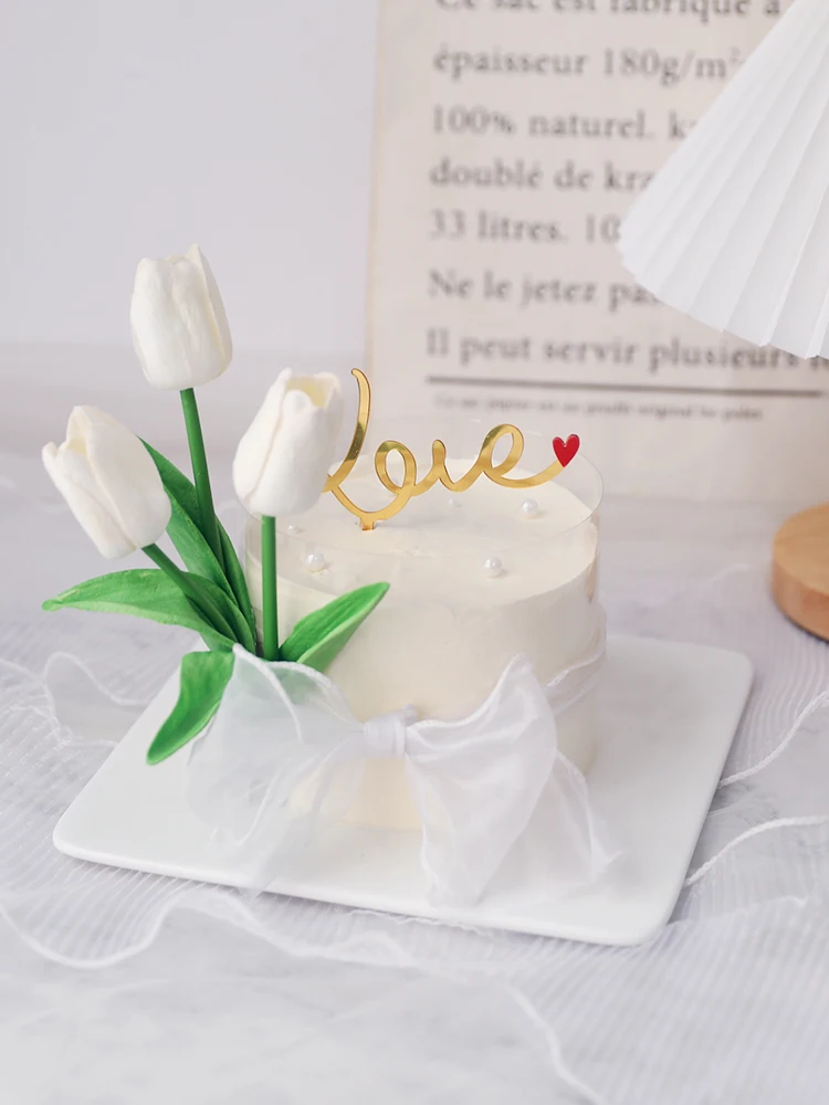 

Flower Tulip Valentine's Day Cake Topper for Lady Princess Wedding Anniversary Happy Birthday Party Cake Decoration Ribbon Decor