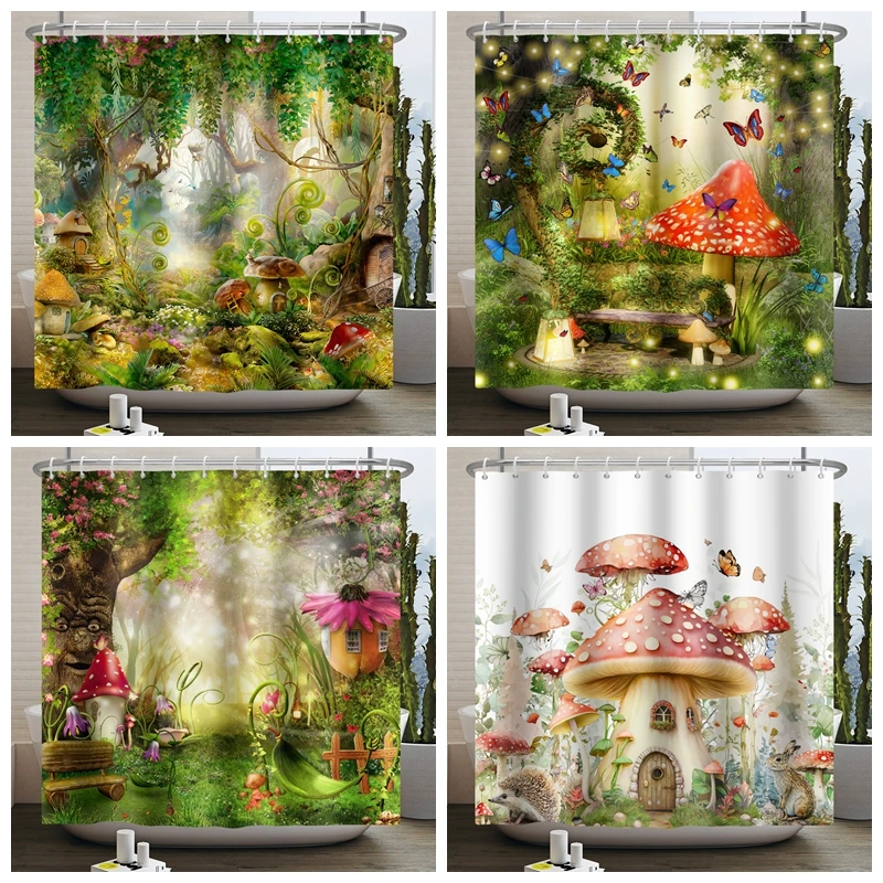 

Enchanted Forest Mushroom Shower Curtain Fairy Tale Wonderland Magic Garden Gothic Waterproof Shower Curtain for Bathroom Decor