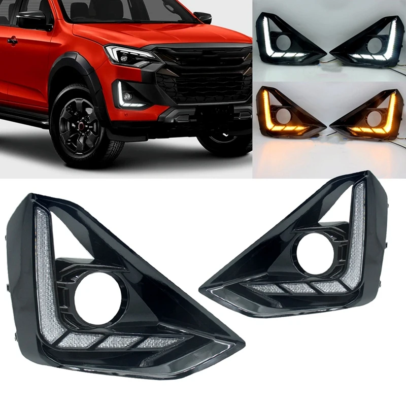 Front LED DRL Daytime Running Driving Light For Isuzu D-Max DMAX 2024 Fog Lamps With Turn Signals White+Yellow