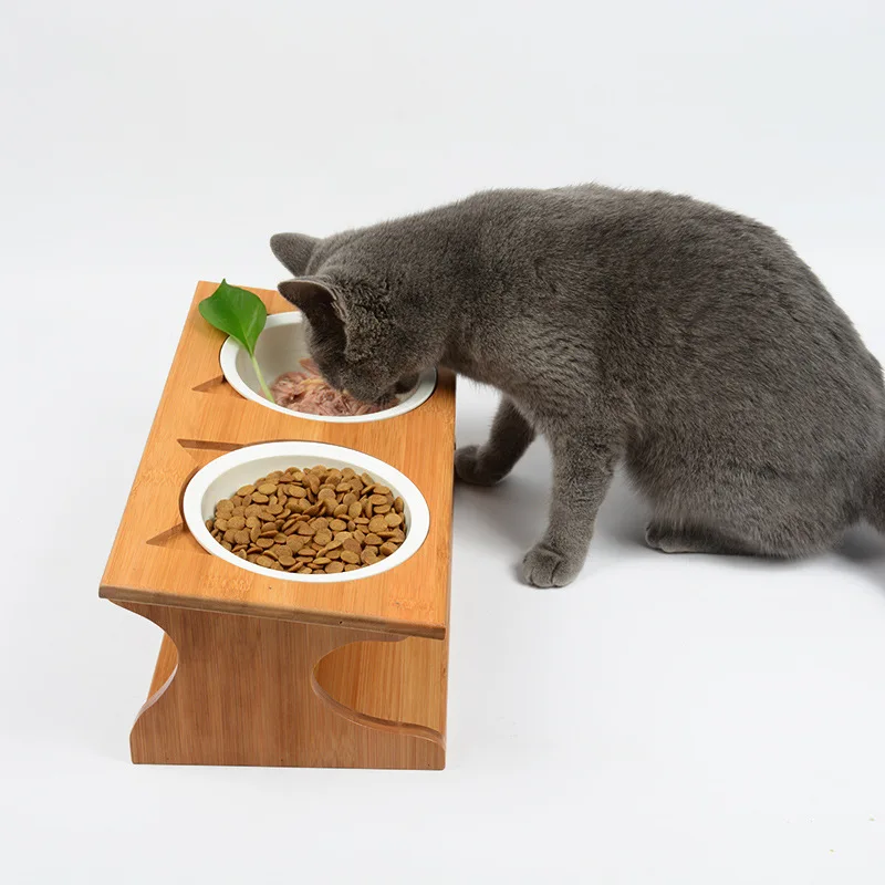 Pet Bowl Solid Wood Bowl Pet Table Gold Height Protection Cervical Vertebra Double Bowl Cat Dog Bowl