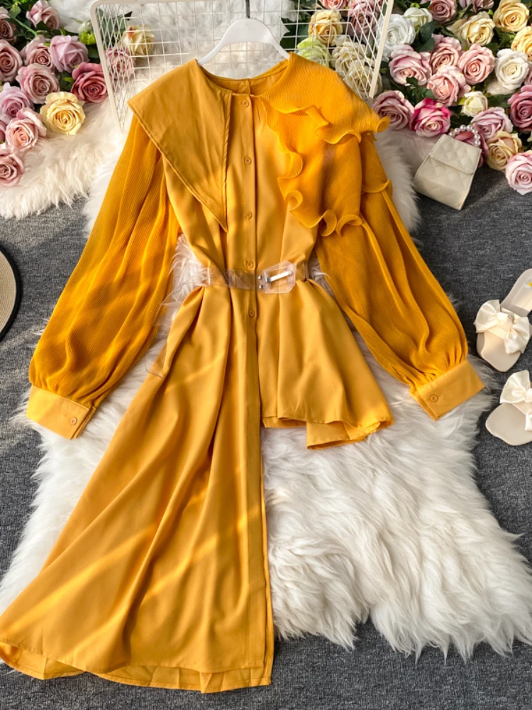 

Women Medium Long Irregular Blouse Spring Autumn Ruffles Pleated Chiffon Shirts Ladies Elegant Slim with Belt Streetwear Tops