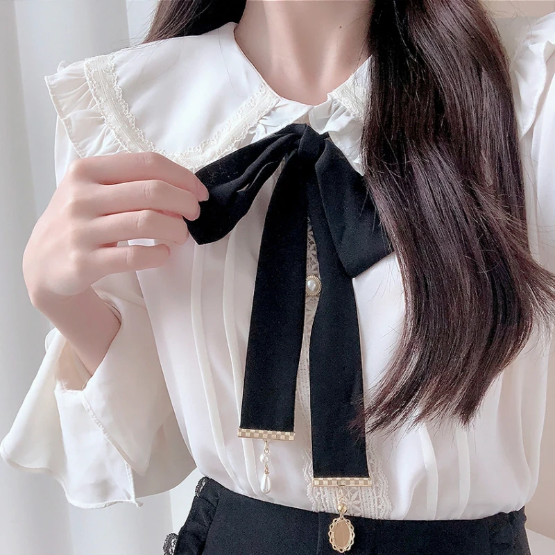 

Peter Pan Collar Lolita Lace Up Long Sleeve Women Tops Kawaii Shirt New Fashion Ruffle Blouse Camisa Cuello Peter Pan Mujer 102B