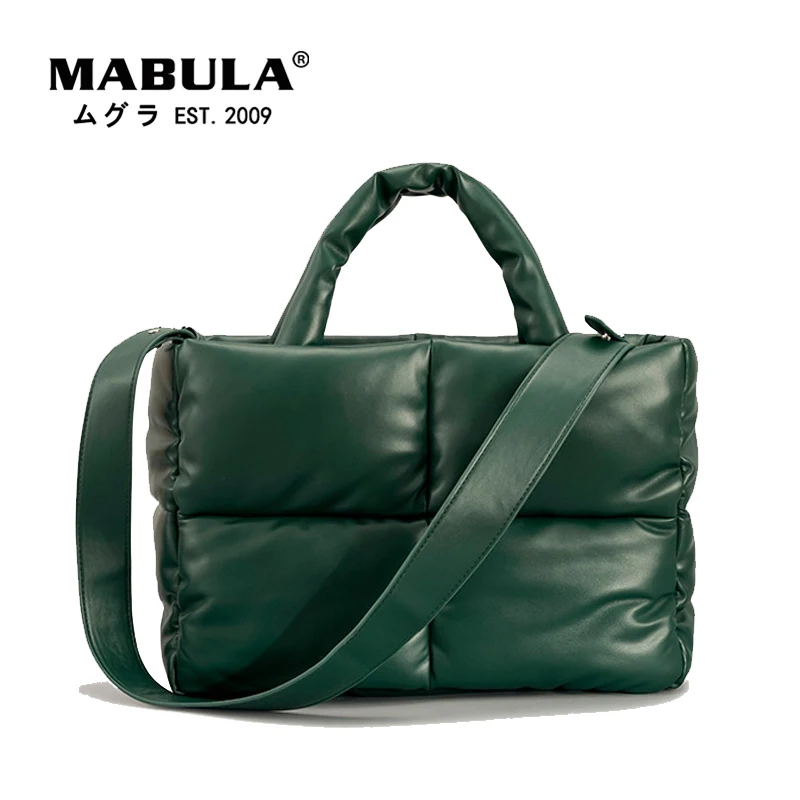

MABULA 2022 Square Quilted Leather Padded Top Handle Purse Women Satchel Laptop Handbag 12 inch Winter Pillow Crossbody Bag