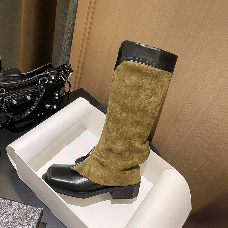 Женские сапоги до колена высокие из воловьей и свиной шкуры ткани 22-25 см с боковой