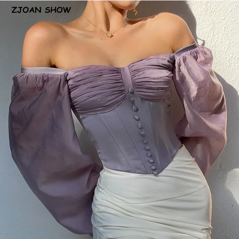 

2022 Sexy Off the Shoulder Cropped Shirt Women French style Ladies Ruched Chest Lantern Sleeve Dropped Slim Crop Top blouses