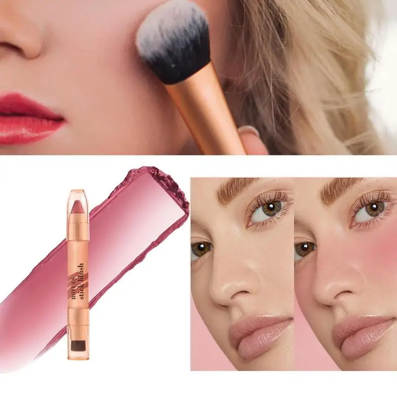 

3 Colors Double-headed Blush With Brush Stick Face Moisturizing Brighten Powder Blusher Peach Orange Creamy Rouge Sticks Makeup