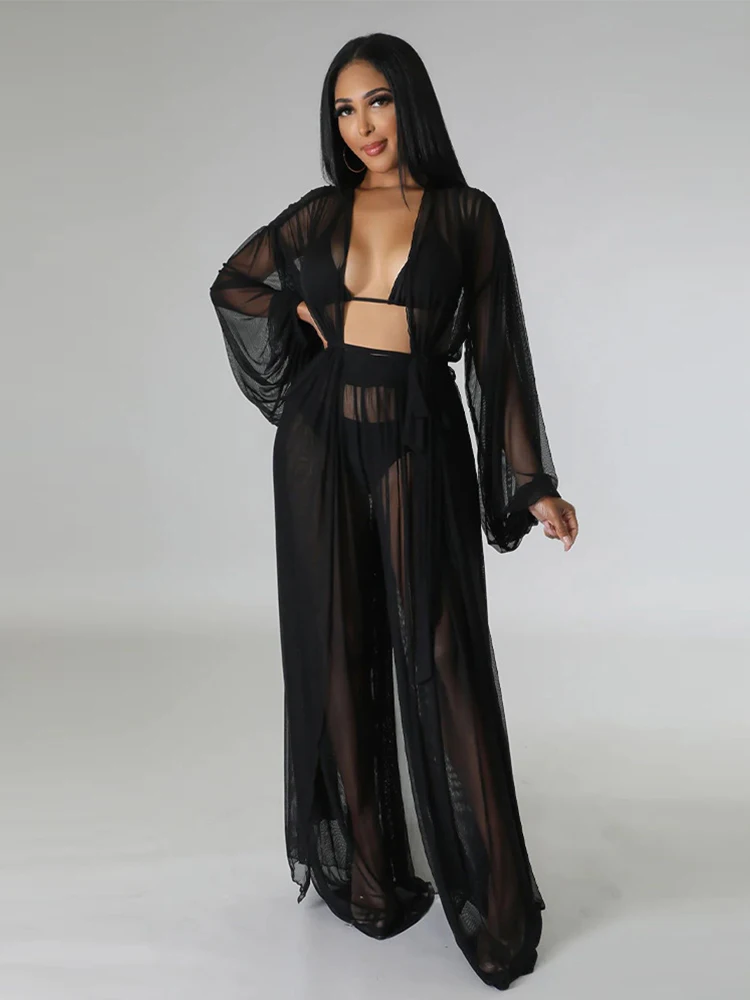 Женский прозрачный комплект из 2 предметов блузка с длинным рукавом и брюки