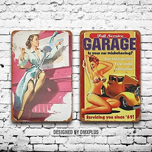 

Металлический знак (набор из 2) оловянные знаки 1 полный сервис гаража пикантная девушка винтажный внешний вид настенное украшение домашний ...