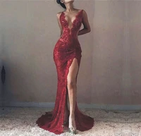 sexy burgundy see through appliques mermaid prom party dress v neck high leg split lace evening formal gowns robe de soiree