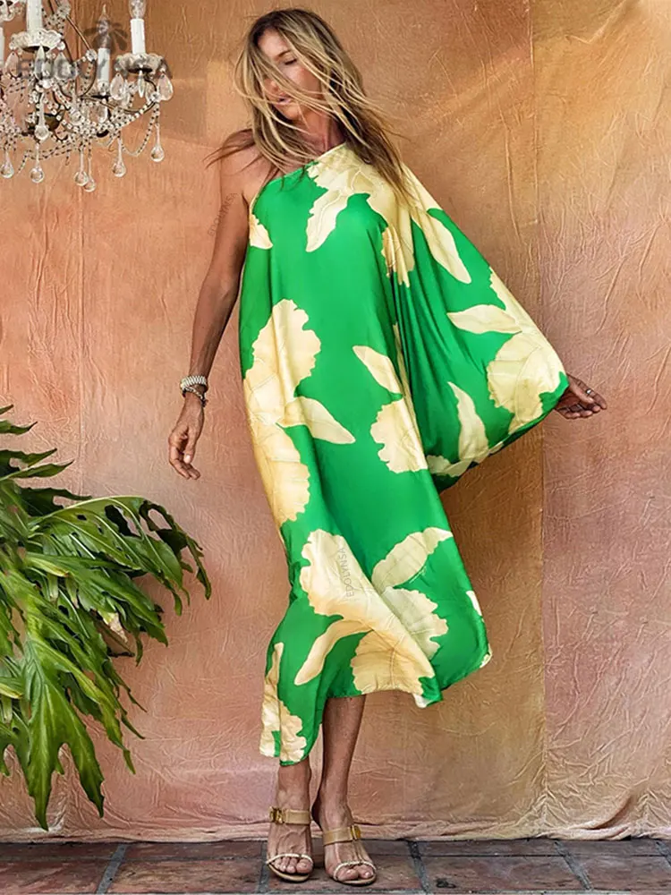 

Green Boho Printed Off Shoulder Kaftan Sexy Bikini Cover-ups Women Clothes Summer Beach Wear Swim Suit Cover Up Ropa mujer