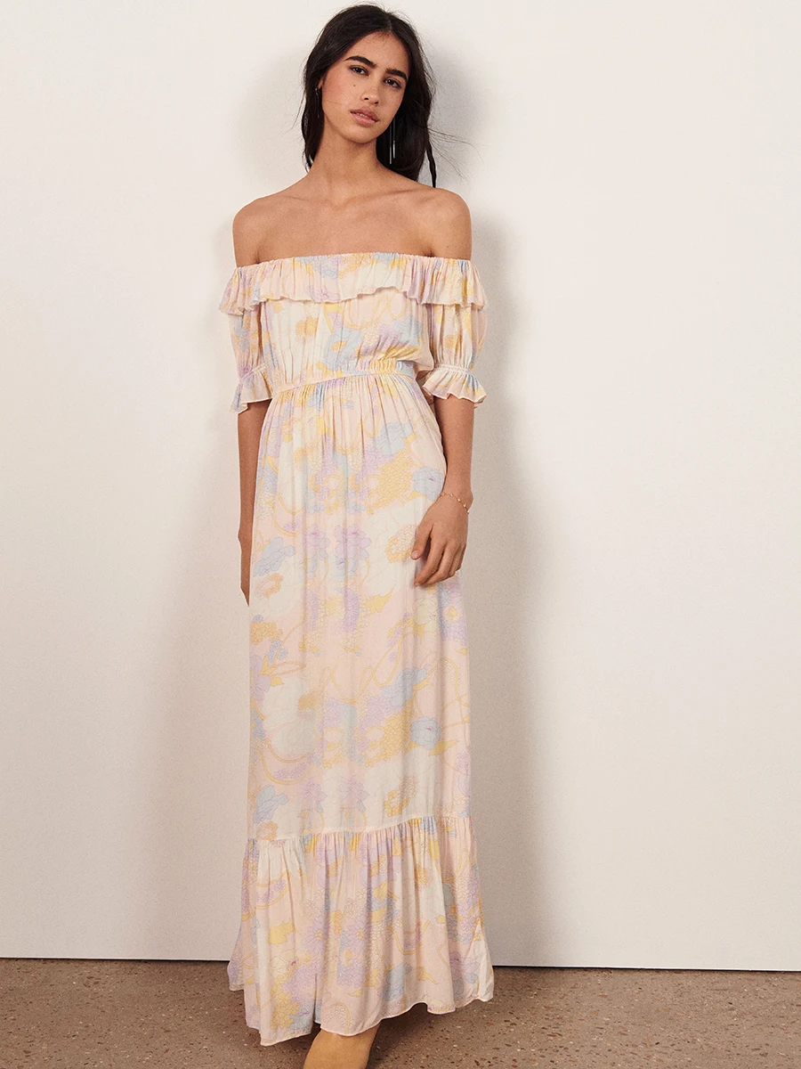 

Ruffles Floral Print Midi Dress Summer Women Slash Neck Puff Sleeve Slim Waist Dresses Ladies Elegant Casual Long Robes Holiday
