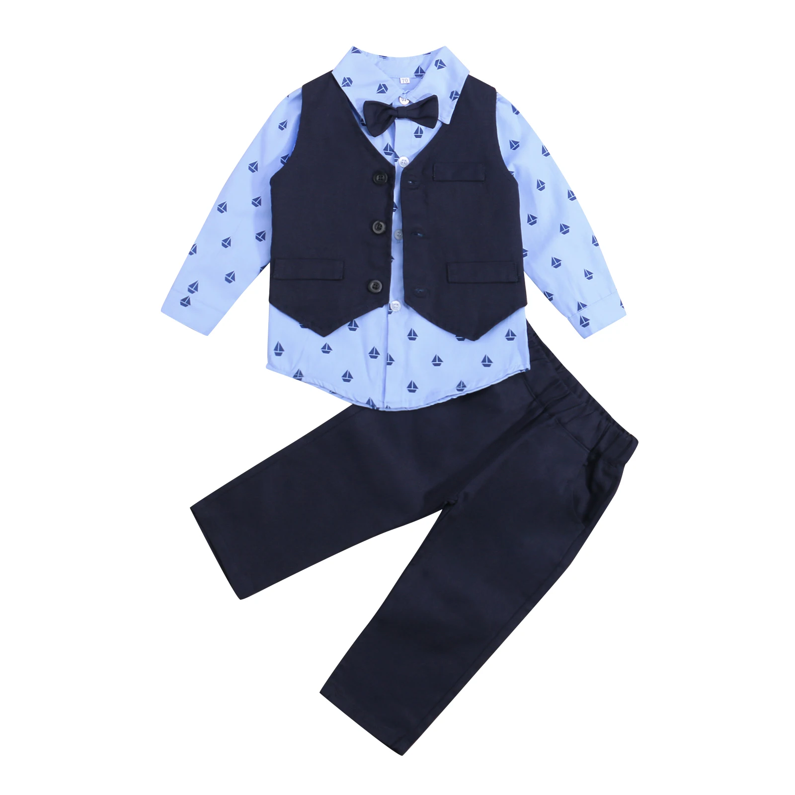 

Toddler Baby Boys 3Pcs Clothes Set Outfits Single-Breasted Waistcoat + Sailboat Print Long Sleeves Shirt+ Suit Trousers for Boys