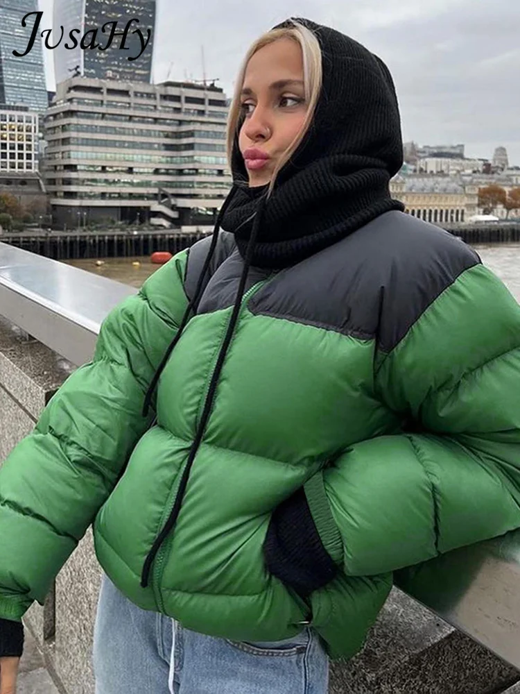 JusaHy Women 2022 Winter New Street Casual Straight Green Thickened Padded Jacket Zipper Fashion Loose Preppy Style Simple Coat