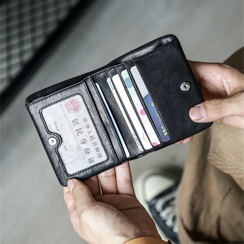 Casual black small genuine leather men's women's coin purse natural soft real cowhide short multi-card card holder wallet
