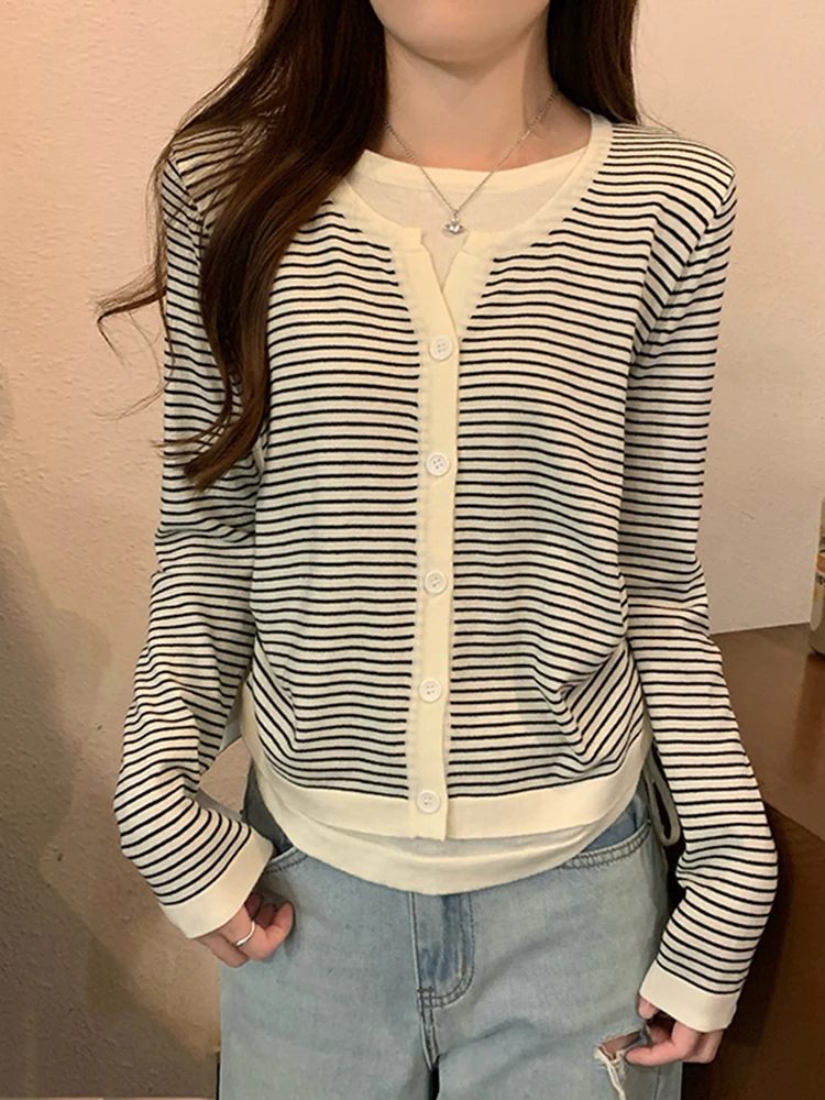 Корейский вязаный кардиган контрастного цвета из двух частей с длинными