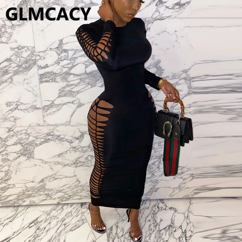 

Long Sleeve Slim Bodycon Solid Cut Out Maxi Dress