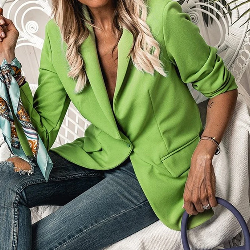 

Женский офисный Кардиган с длинным рукавом, однотонный облегающий повседневный жакет с отложным воротником, Осень-зима