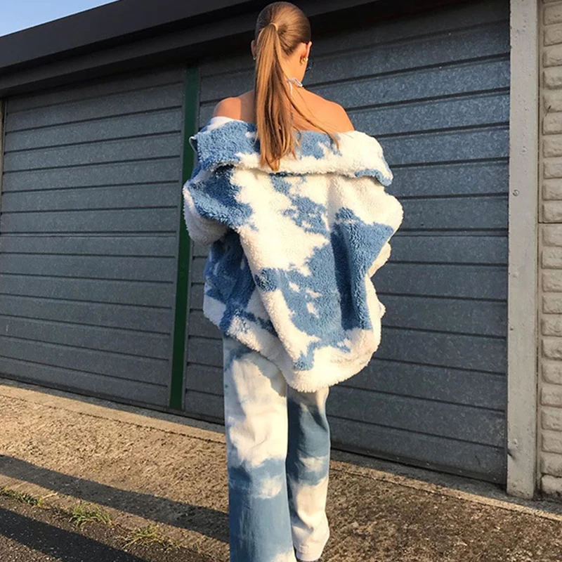 Ladies Winter Streetwear Blue Sky and White Cloud Printing Lamb Wool Coat Teddy Coat Furry Wool Warm Cardigan Ladies Coat Women