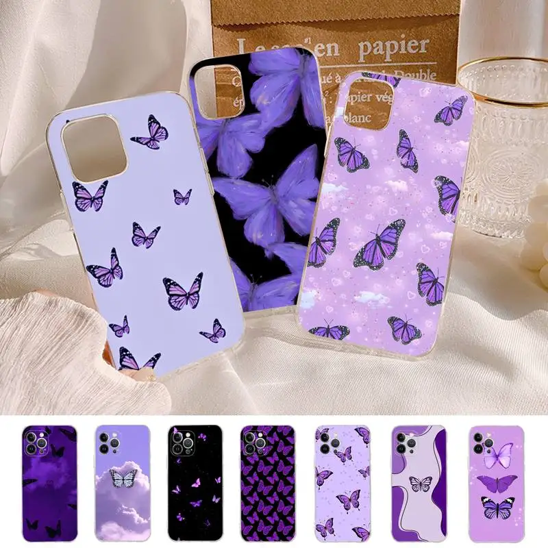 

Aesthetic Purple Butterflies Phone Case For iPhone 11 12 13 14 Mini Pro Max XR X XS TPU Clear Case For 8 7 6 Plus SE 2020