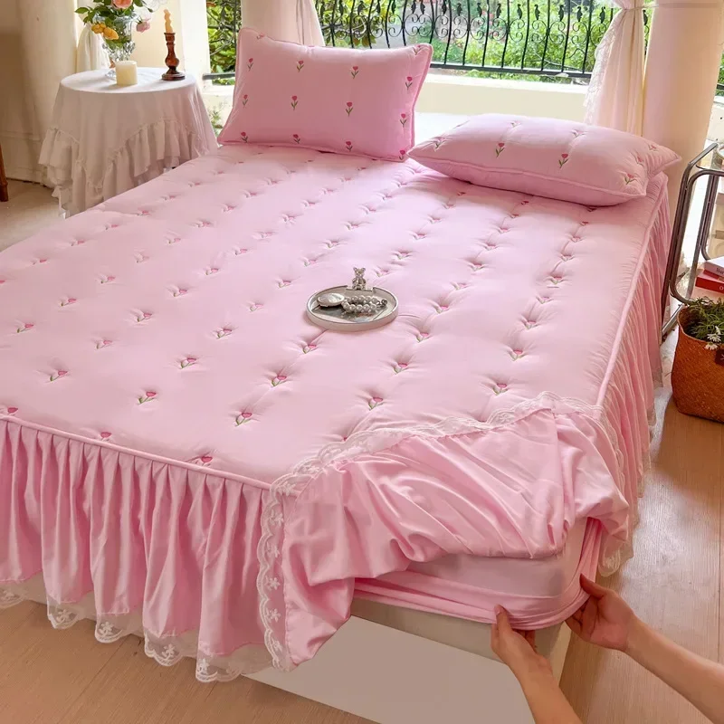 

Кружевная постельная юбка с эластичной лентой, натяжная простыня с вышивкой, розовый наматрасник для девочек (наволочка необходимо заказать)