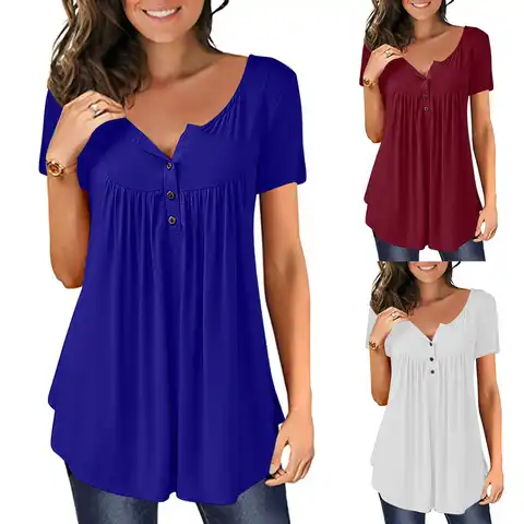 Women Solid Blouses 2022 Fashion Button Pleats Ruched Summer O-neck Blouses Short Sleeve Irregular Tops Casual Swing Shirt Blusa