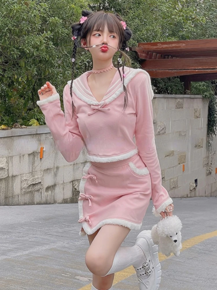 

Elegant Blue Princess 2 Pieces Women Kawaii Pink Plush Navy Collar Blouse Mini Split Skirt Suit Japan Sweet Lolita Two Piece Set