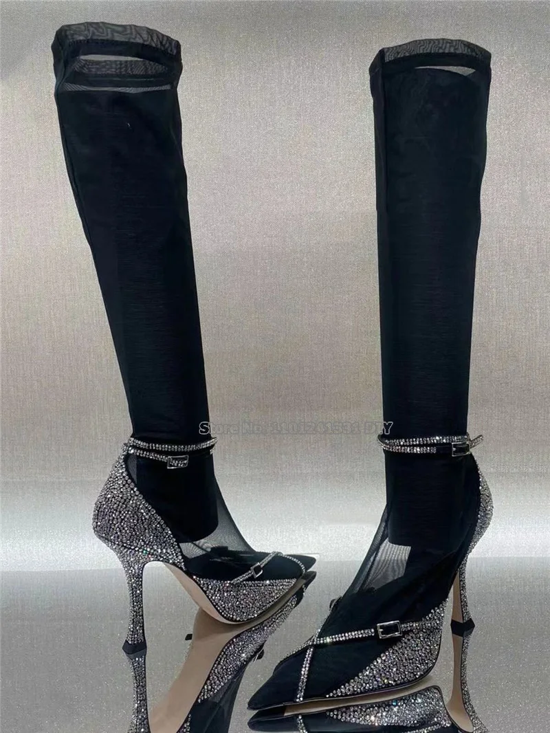 Crystal High Heel Black Mesh Knee High Boots Women Chunky Heeled Pointy Toe Cross Buckle Designer Long Bota Feminina