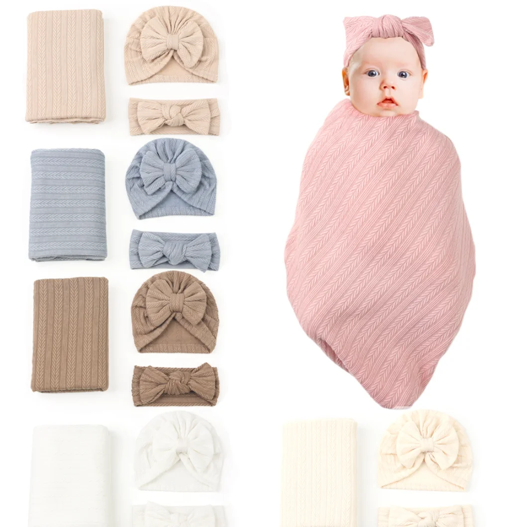 

3pcs/set Newborn Baby Receiving Blanket Muslin Swaddle Wrap Blankets Hat Turban Headband New Born Photography Props Baby Items