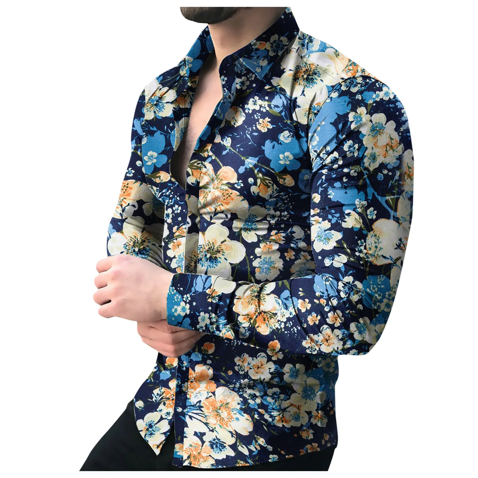 

Мужские повседневные топы с коротким рукавом, мужская осенне-зимняя повседневная рубашка с принтом магнолии, рубашки средней длины с длинн...