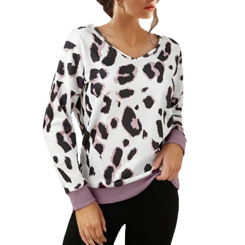 Autumn and Winter New Women's Top Leopard V-neck Long Sleeve Pullover Sweater Female and Lady Casual Tops