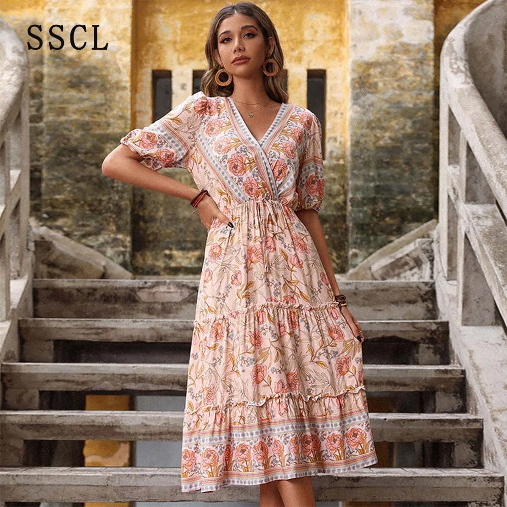 

SSCL 2023 Bohe V-neck Short Sleeve Long Dresses Women Summer Vestidos Para Mujer Chic Floral Midi Dress Beach Casual Sundress