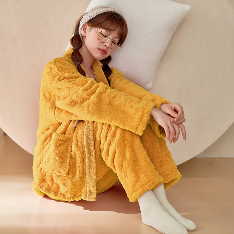 Women's Pajamas Autumn and Winter Thickened Cardigan V-Neck Cut Flower Simple Comfortable Warm Home Clothes Set