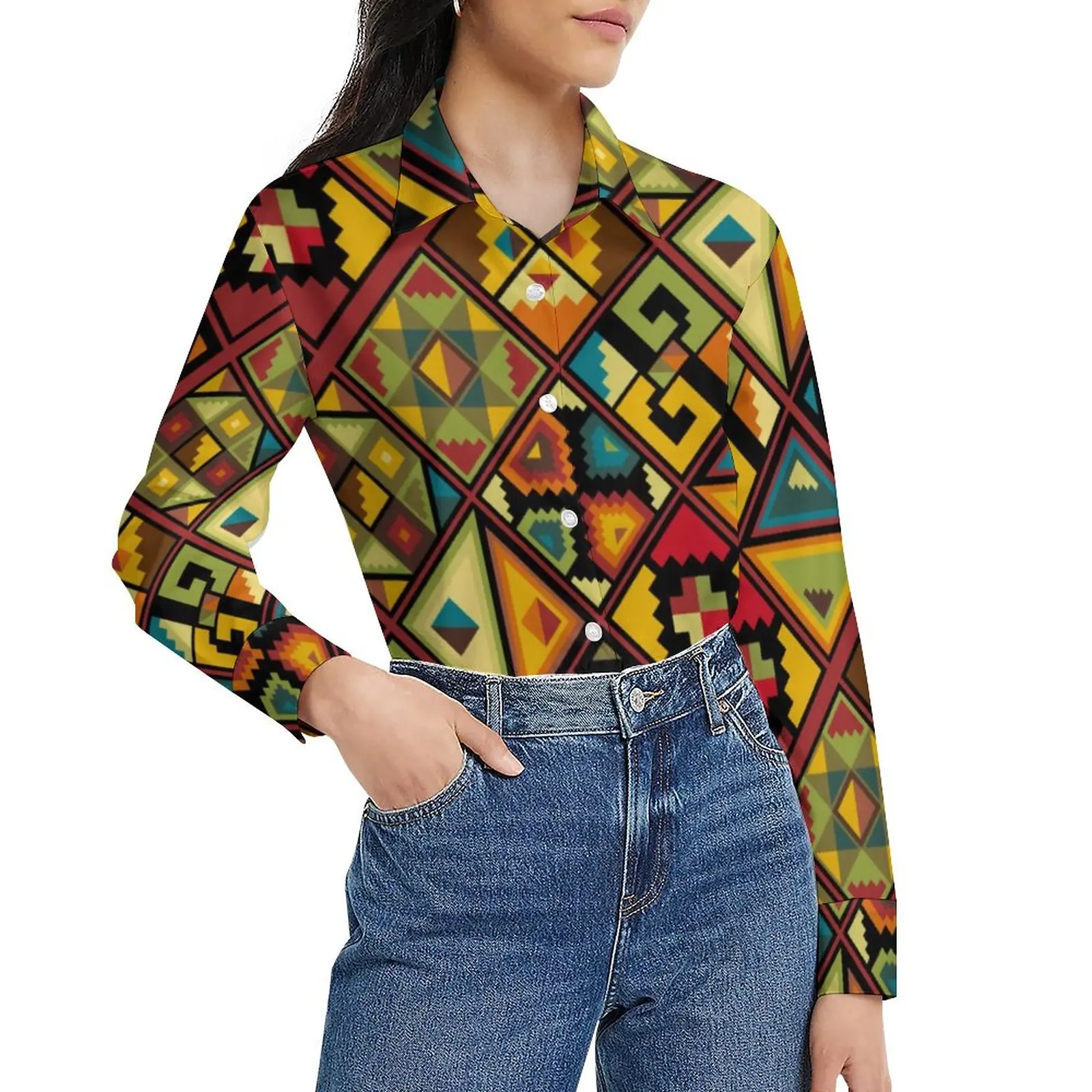 

African Style Loose Blouse Colorful Geometry Casual Oversized Blouses Woman Long-Sleeve Vintage Shirt Autumn Custom Clothes