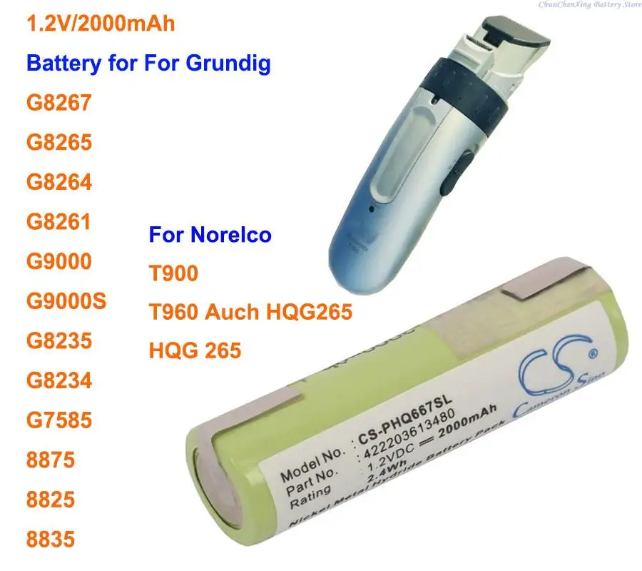Cameron Sino 2000mAh Battery for Grundig G7585,G8234,G8235,G8261,G8264,G8265,G8267,G9000, For Norelco HQG265,T900,T960