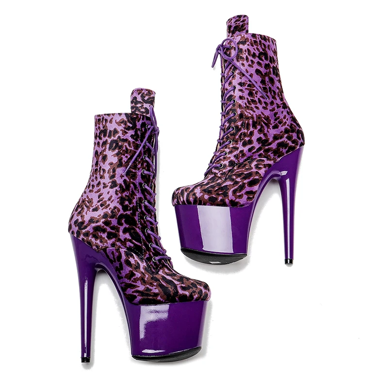 Leecabe 17CM/7Inches Leopard  PU upper High Heel platform Boots   Pole Dance boot
