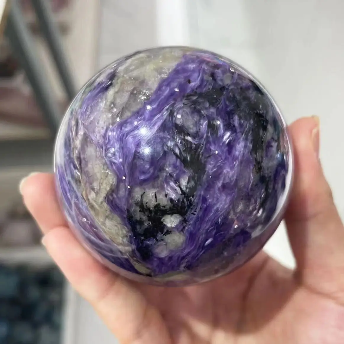 

Natural Rare Quartz Charoite Sphere Purple Dragon Crystal Energy Ball Healling Home Decoration