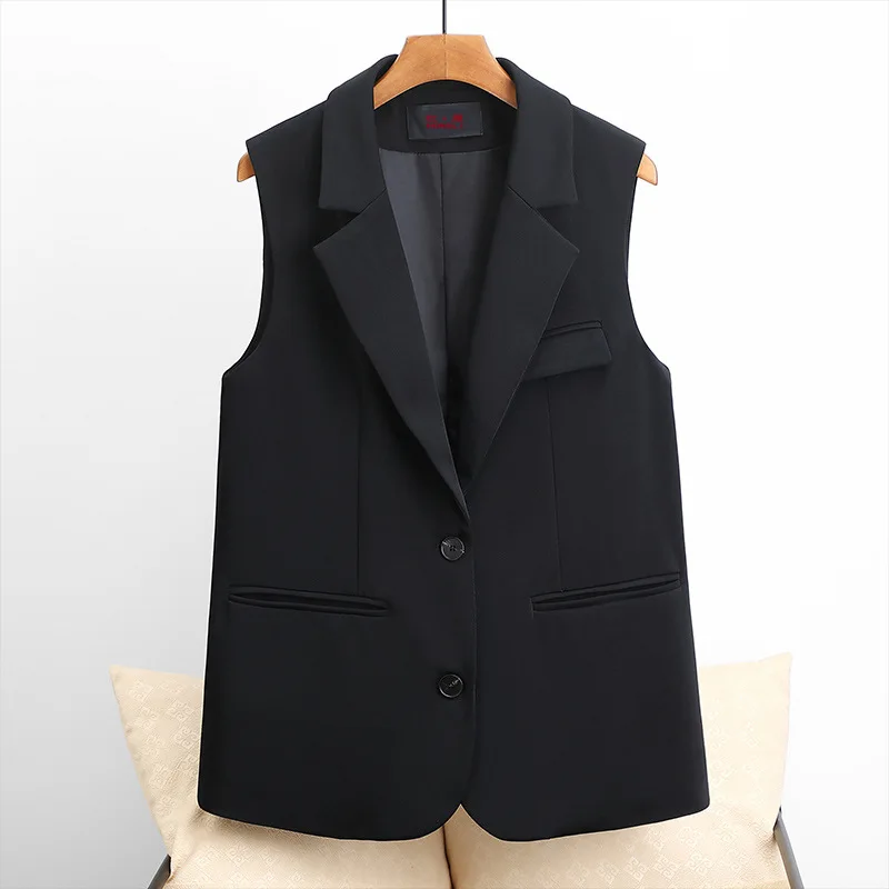

3XL Korean Slim Women's Black Vest Long Sleeveless Cardigan Waistcoat Spring Summer Single Breasted Jacket Female Vests Coat
