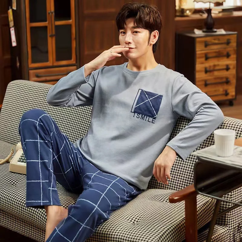 Spring/Autumn Pajamas Set Men Long-sleeved Trousers 100%Cotton  2 Piece Set Sleepwear Loose Home Clothes Homewear Nightwear
