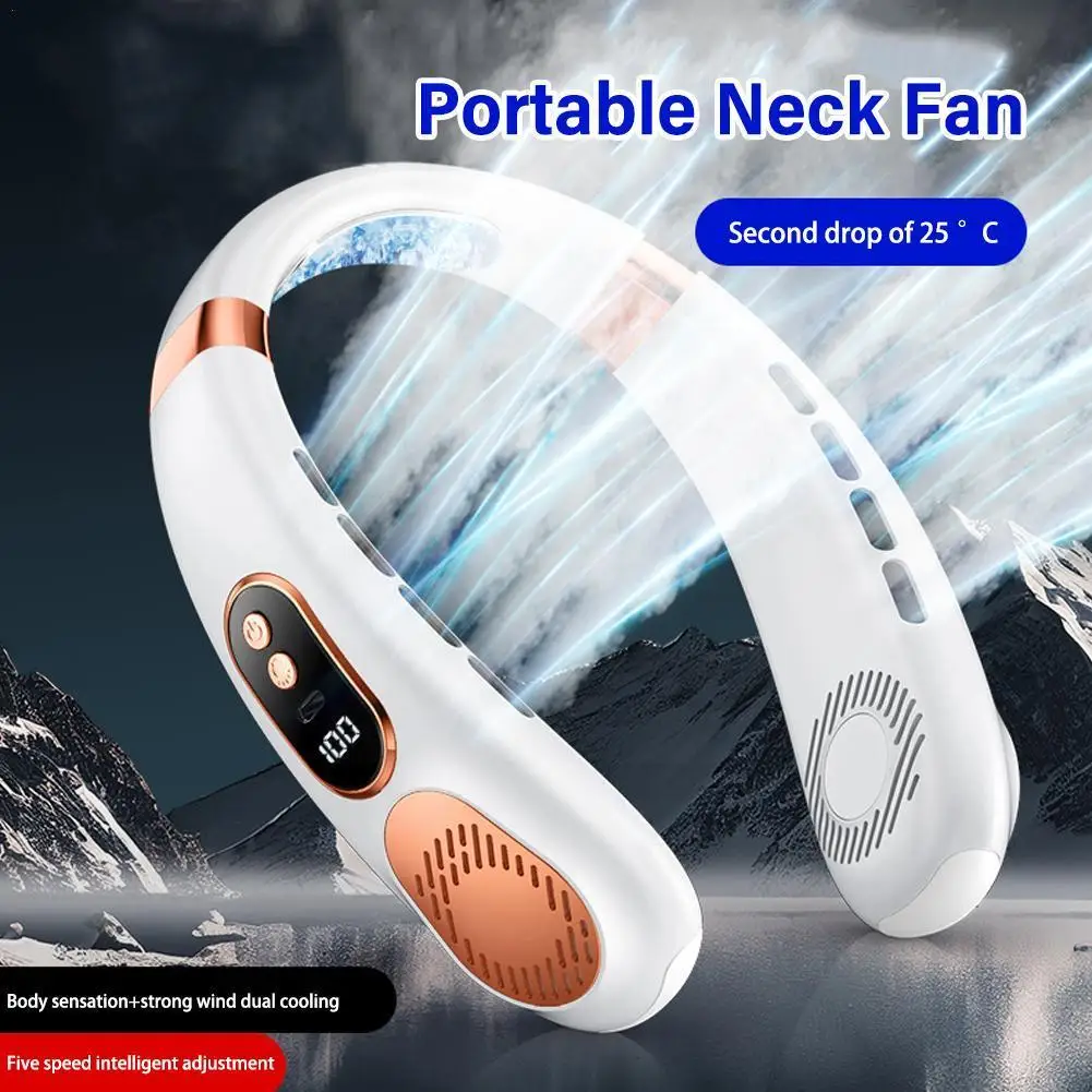 

5 Gear Refrigerable Neckband Fan With LCD Display Portable Hanging Fan Neck 2023 Fan 4000mAh Wireless Neck Electric Bladele W4N7